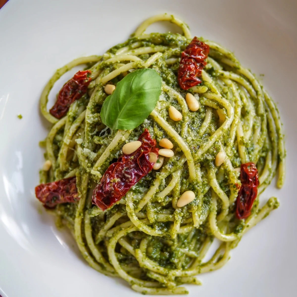 Frische italienische Pesto Pasta mit getrockneten Tomaten und Basilikum garniert für ein leckeres Abendessen.