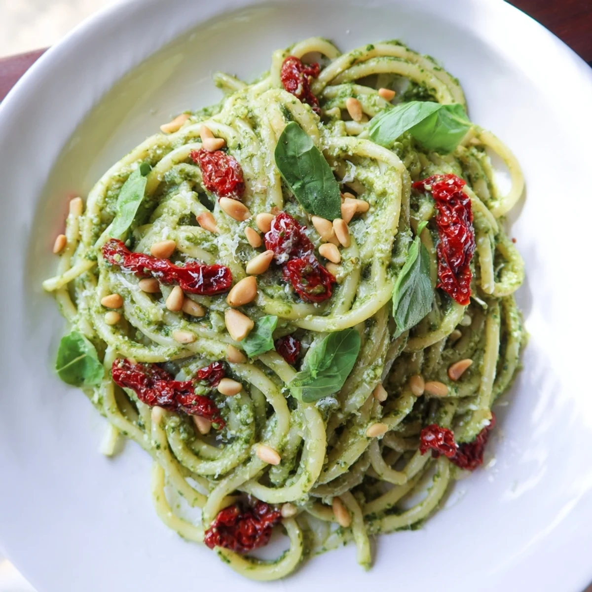 Eine dampfende Portion Pesto Pasta mit getrockneten Tomaten auf einem rustikalen Holztisch serviert.
