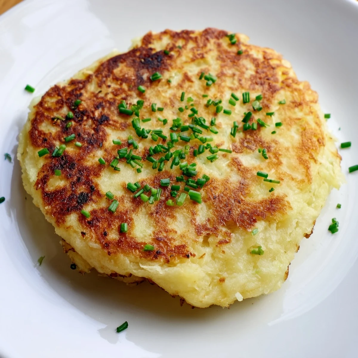 Goldbraune Irish Boxty Potato Pancakes, knusprig außen und weich innen, auf einem Teller mit frischen Kräutern.