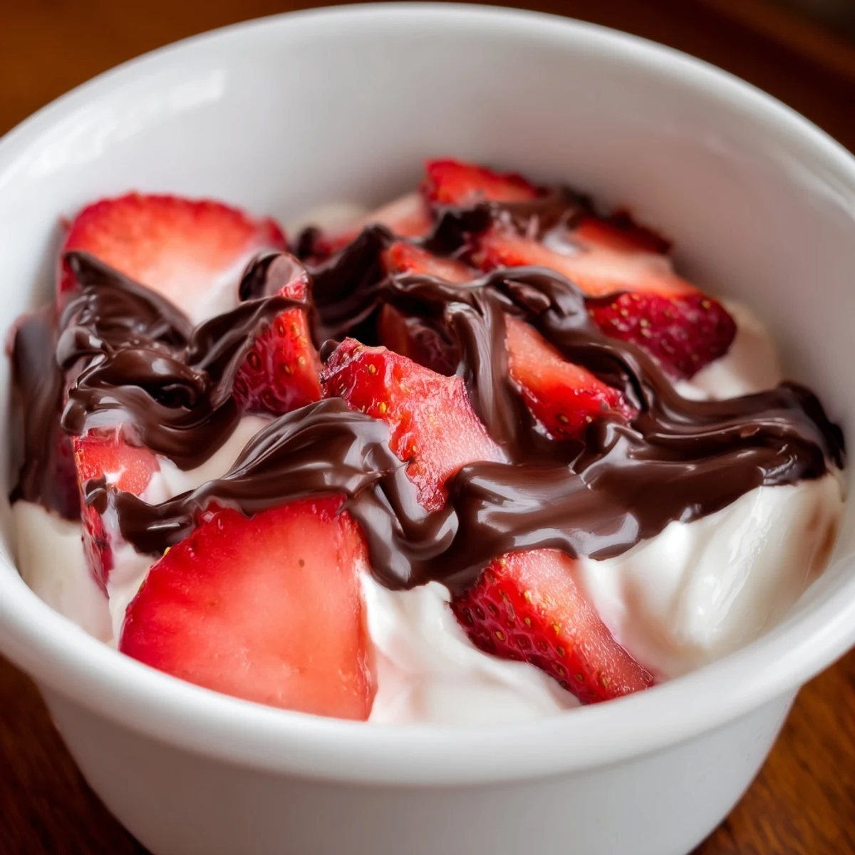 Zarte, in dunkle Schokolade getauchte Erdbeeren auf griechischem Joghurt mit Honig und Kakaostreuseln.