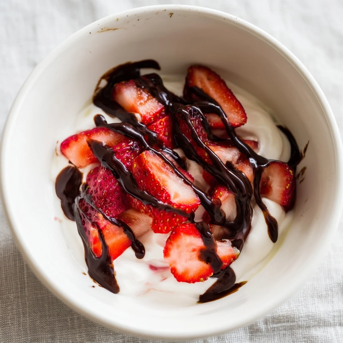 Frische Erdbeeren auf cremigem griechischem Joghurt mit dunkler Schokolade, getoppt mit gehackten Nüssen für Crunch.