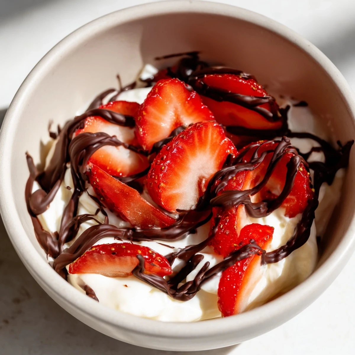 Süße Erdbeerscheiben auf cremigem griechischem Joghurt, verfeinert mit dunkler Schokolade und gehackten Pistazien.