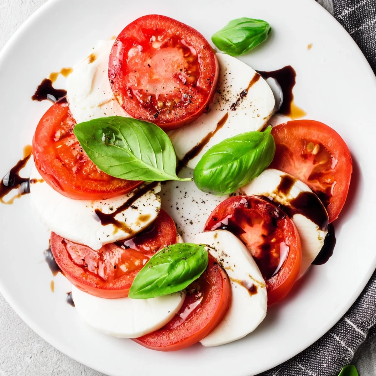Buntes Valentine Caprese Salad mit Balsamico-Glasur auf Tellern, Tomaten und frischem Basilikum für romantische Abendessen.