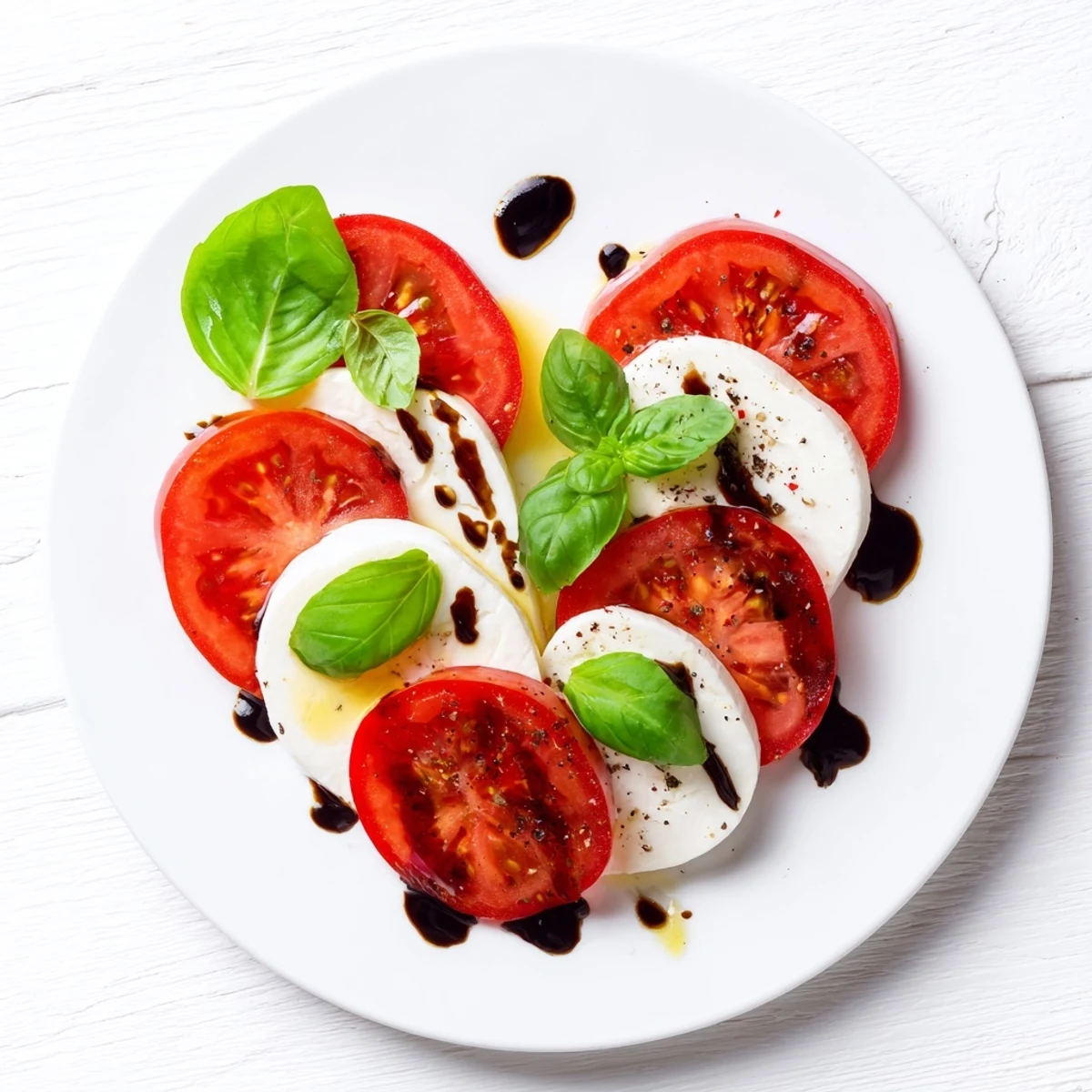 Frische Valentine Caprese Salad mit Balsamico-Glasur, elegant angerichtet, perfekt für Valentinstag, Picknicks und vegane Gäste.