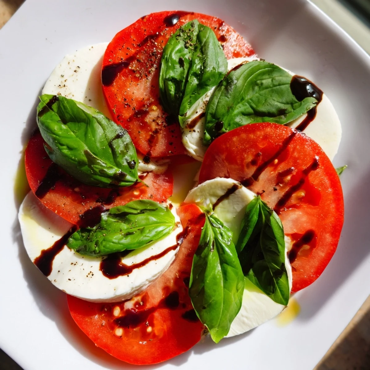 Herzhafte Valentine Caprese Salad mit Balsamico-Glasur: cremiger Mozzarella, saftige Tomaten und knusprigem Brot als Vorspeise.