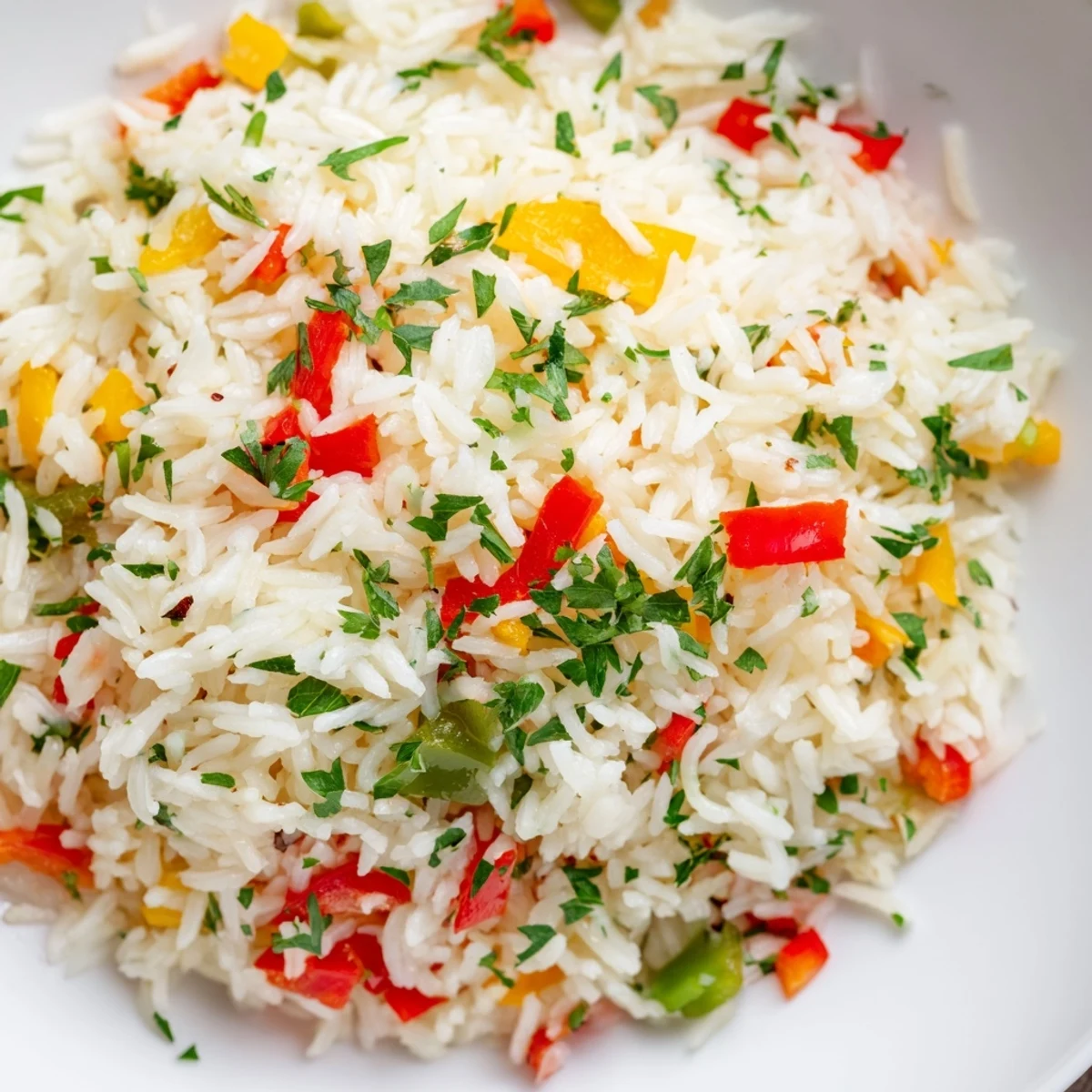 Rotes und grünes Paprika leuchten in der ge­kochten Creole Rice Pilaf mit Peppers and Onions auf Tellern.