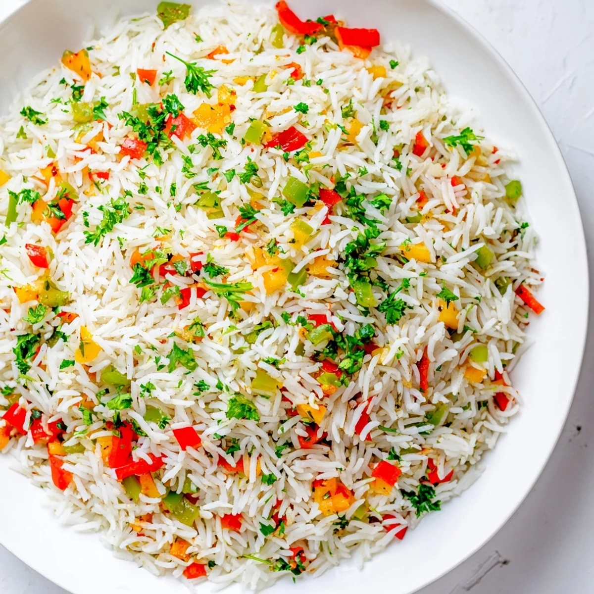 Ein Löffel hebt duftende Creole Rice Pilaf mit Peppers and Onions aus dem Topf, Dampf steigt auf.