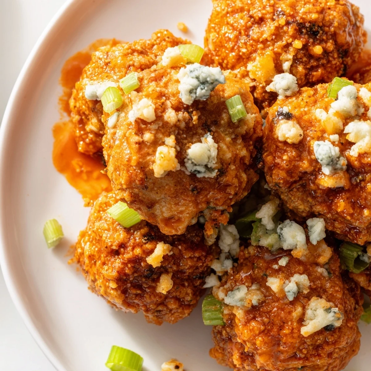 Baked Touchdown Buffalo Chicken Meatballs glistening in spicy orange sauce, served on a white platter with celery sticks and blue cheese dip for game day.