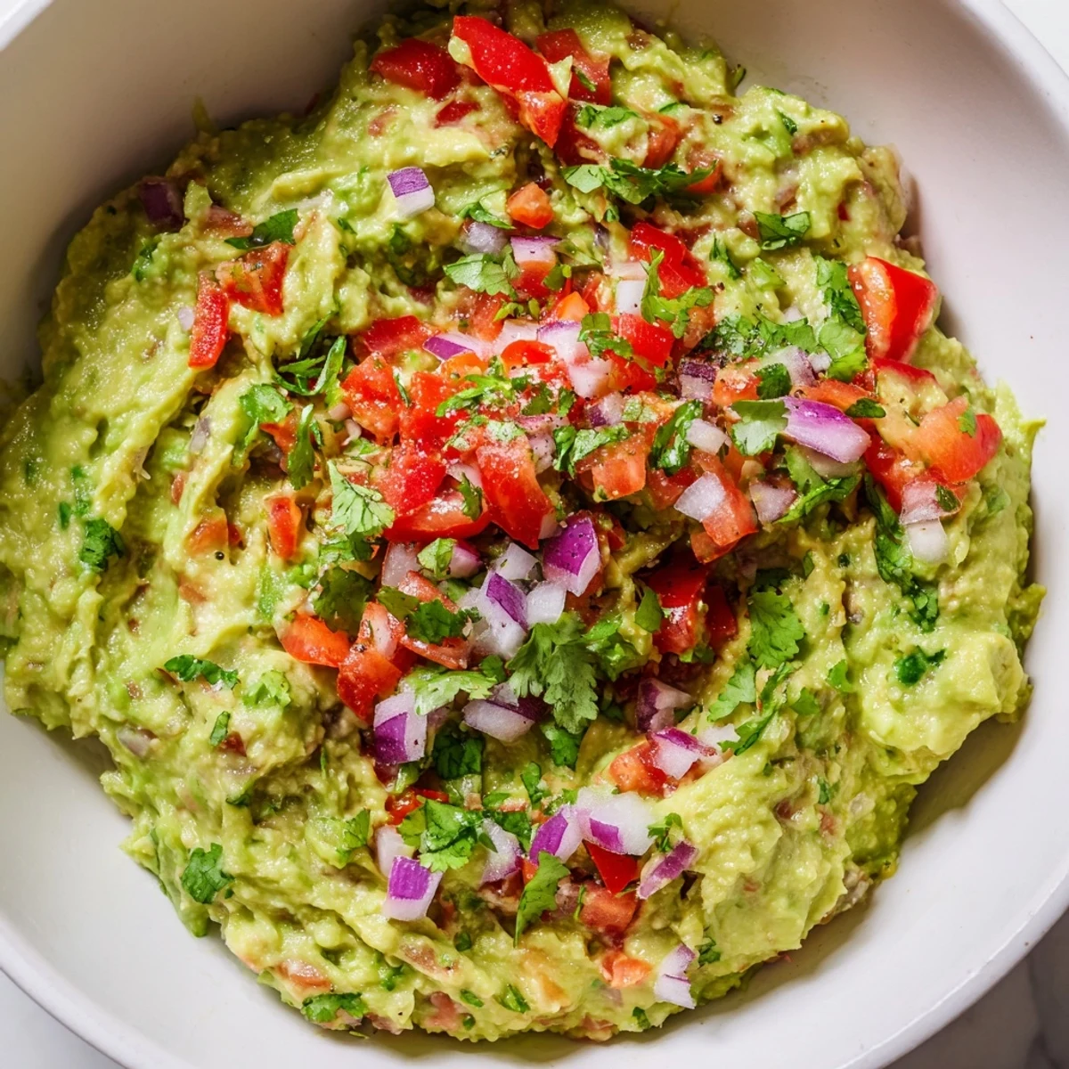 Hausgemachte Super Bowl Guacamole mit Pico de Gallo, belegt mit frischem Koriander und feurigem Jalapeño.