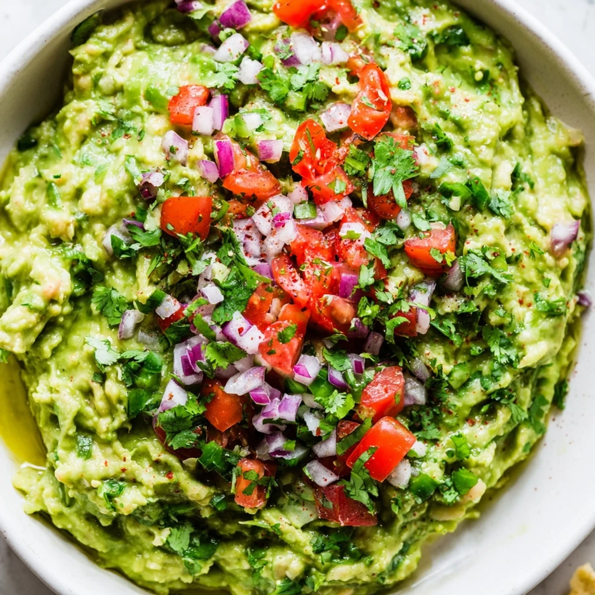 Frische Super Bowl Guacamole mit Pico de Gallo angerichtet mit Tortillachips am Spieltag.