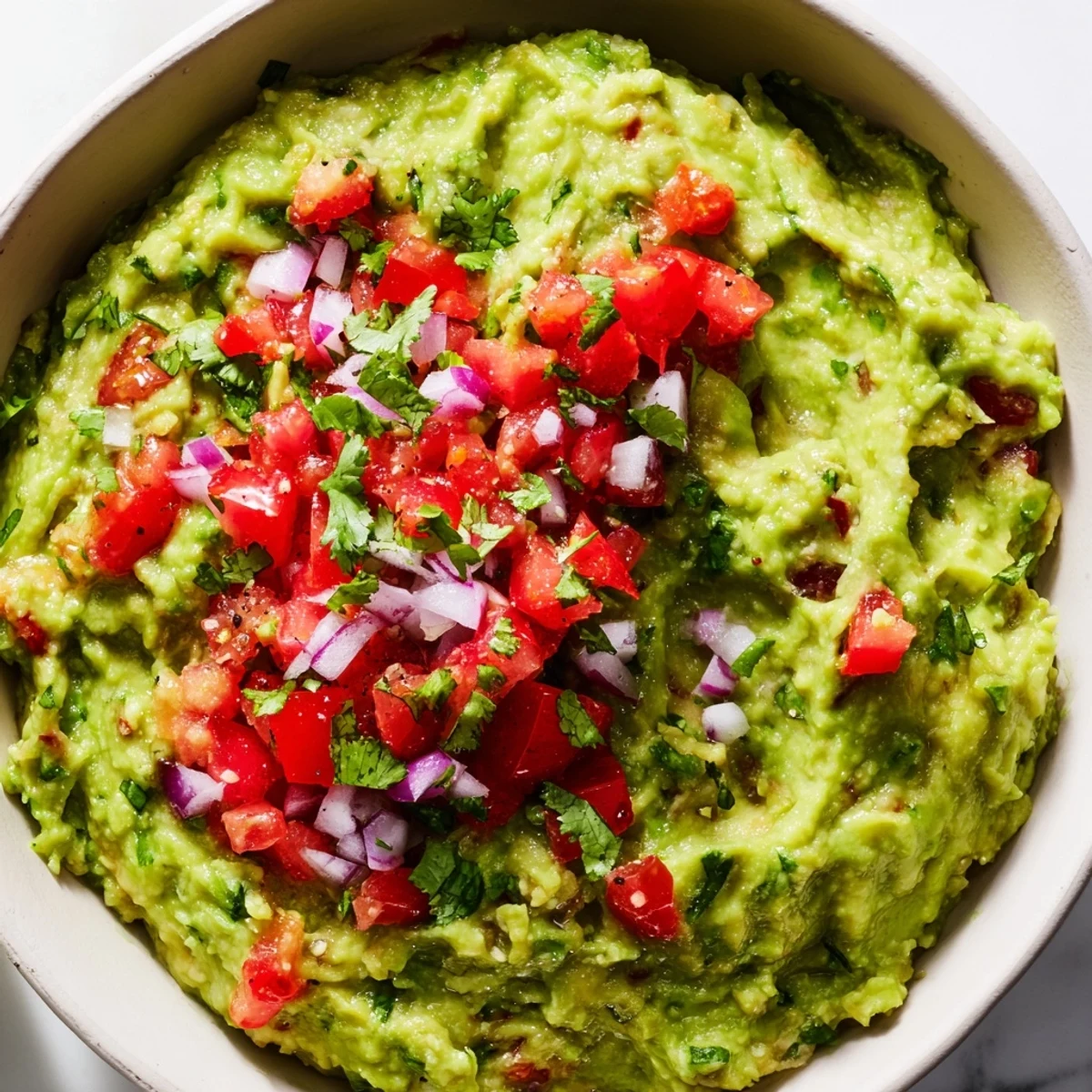 Cremige Super Bowl Guacamole mit Pico de Gallo, serviert mit knackigen Gemüsesticks für eine leichte Option.