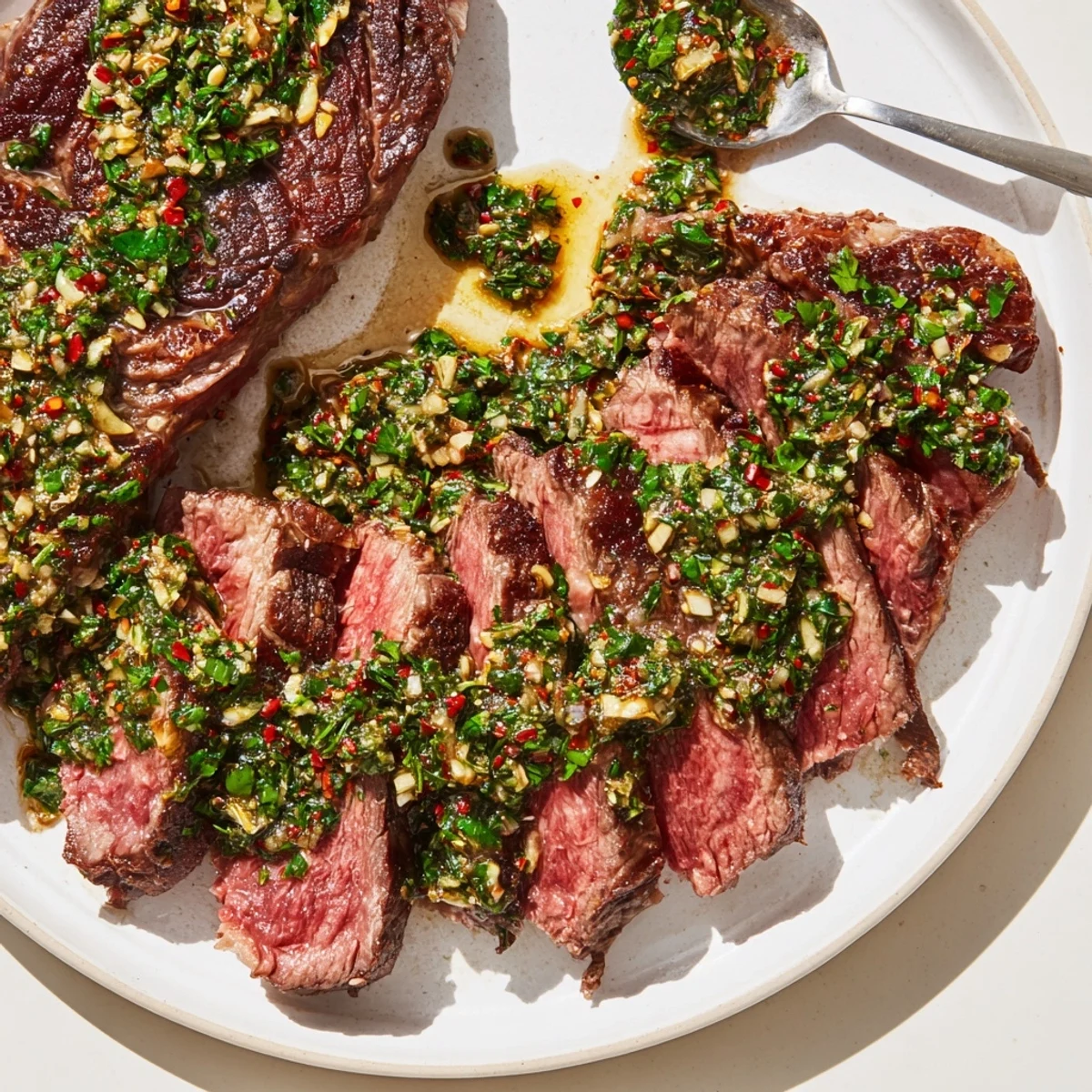 Two sliced Date Night Steak servings drizzled with vibrant, herb-packed chimichurri on a rustic plate.