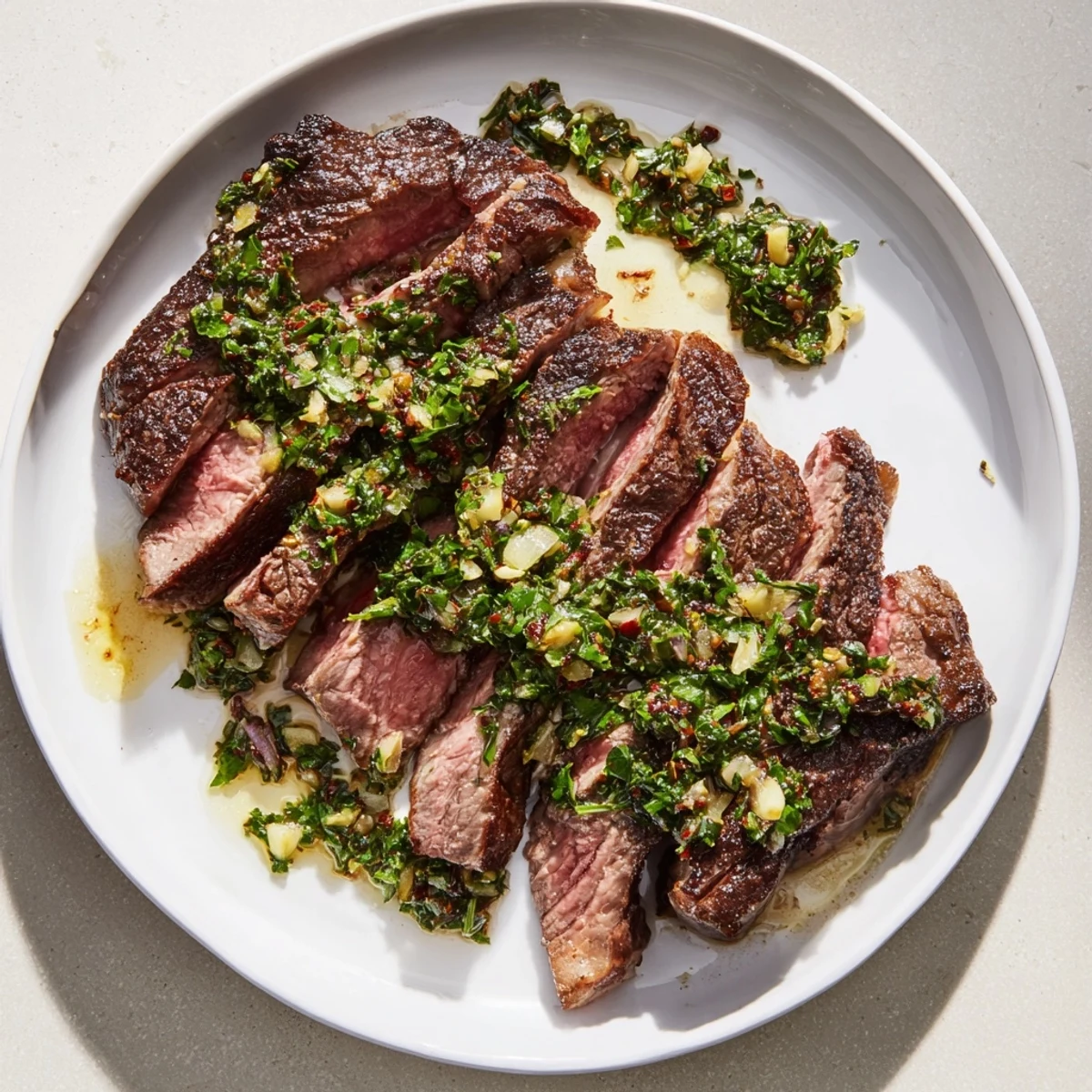 A sizzling pan-seared Date Night Steak with Chimichurri garnished with fresh parsley and garlic.