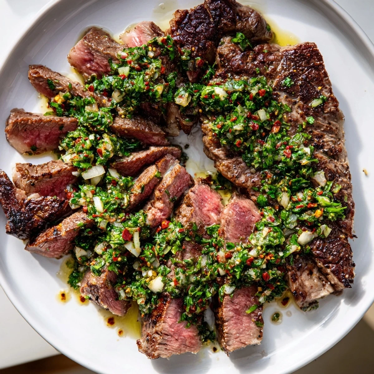 Tender ribeye steak and zesty chimichurri sauce plated with roasted potatoes for a romantic dinner.