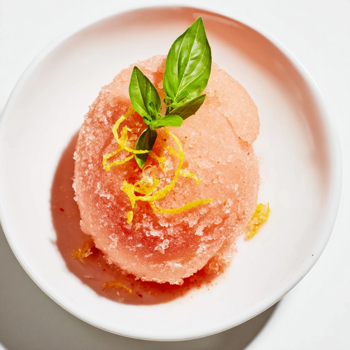 Vibrant pink grapefruit sorbet with basil in a glass, garnished with fresh basil leaves.