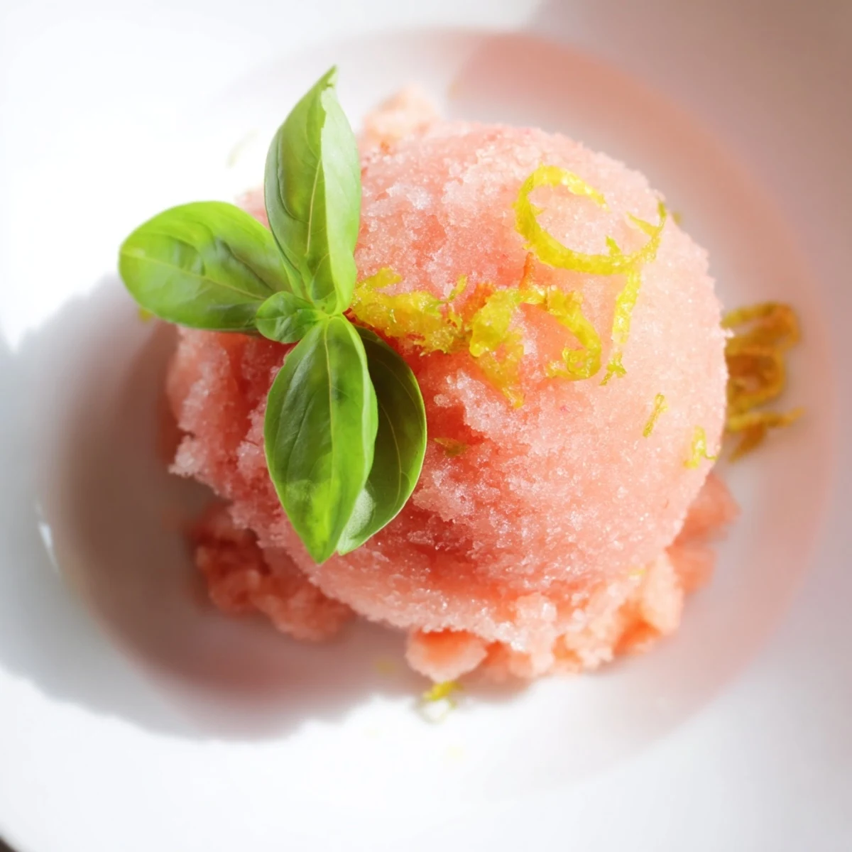 Scoop of tangy Pink Grapefruit Sorbet with Basil next to sliced grapefruit on a rustic table.