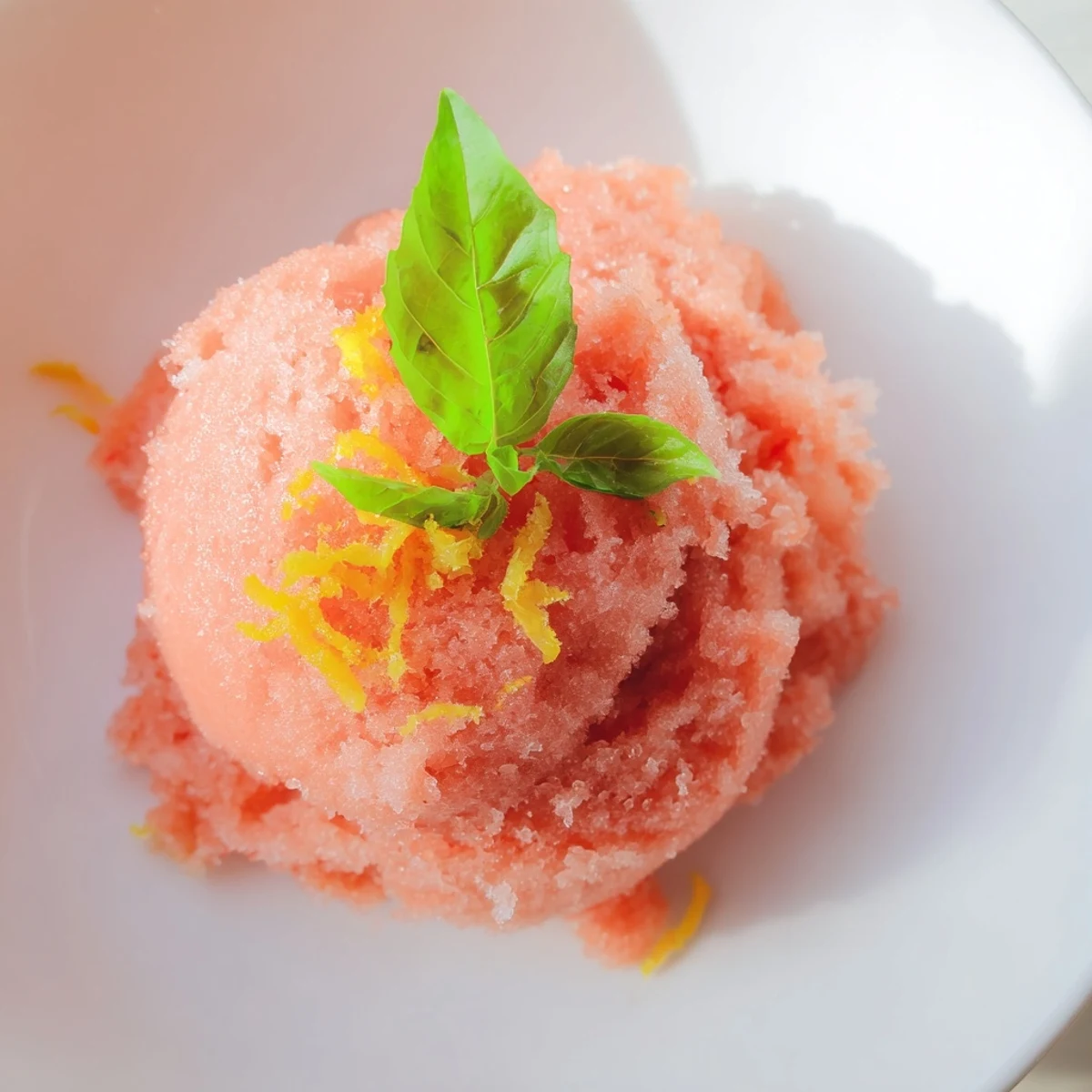 Clear bowl of homemade Pink Grapefruit Sorbet with Basil, topped with zesty grapefruit zest.