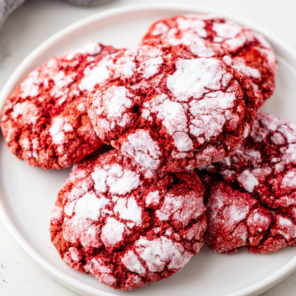 Weiche Red Velvet Crinkle Cookies mit Rissmuster und Zuckerguss, frisch gebacken auf einem Gitterrost.