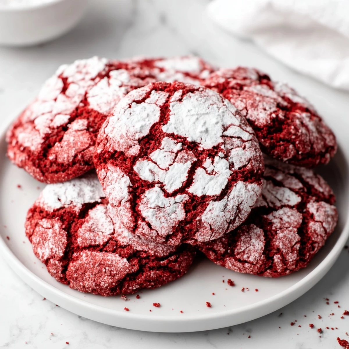 Rote Red Velvet Crinkle Cookies mit pulvrigem Puderzucker, neben einer Tasse Kaffee und Milch serviert.