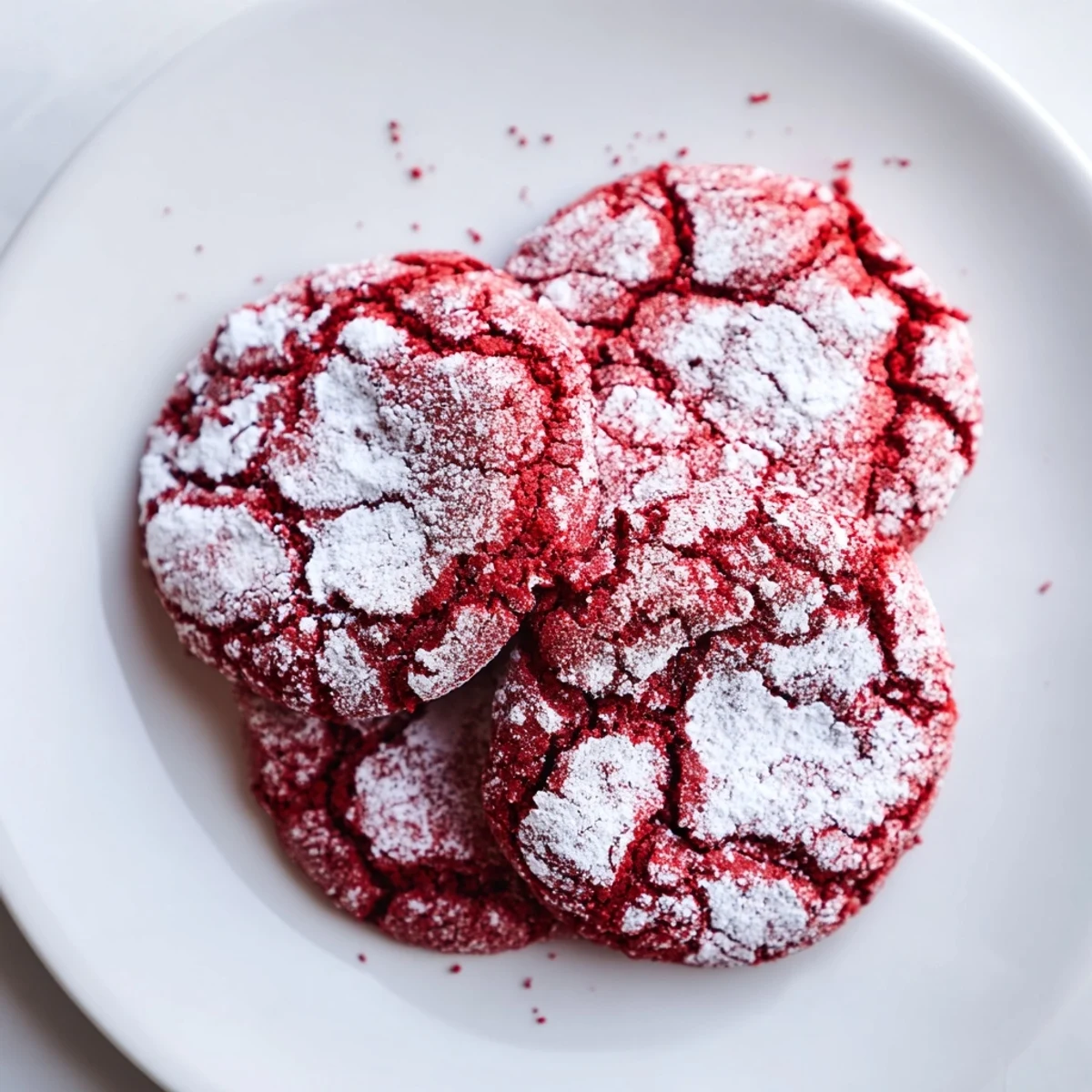 Saftige Red Velvet Crinkle Cookies mit kakaohaltigem Teig und knackiger Zuckerhülle, bereit zum Verzehr.