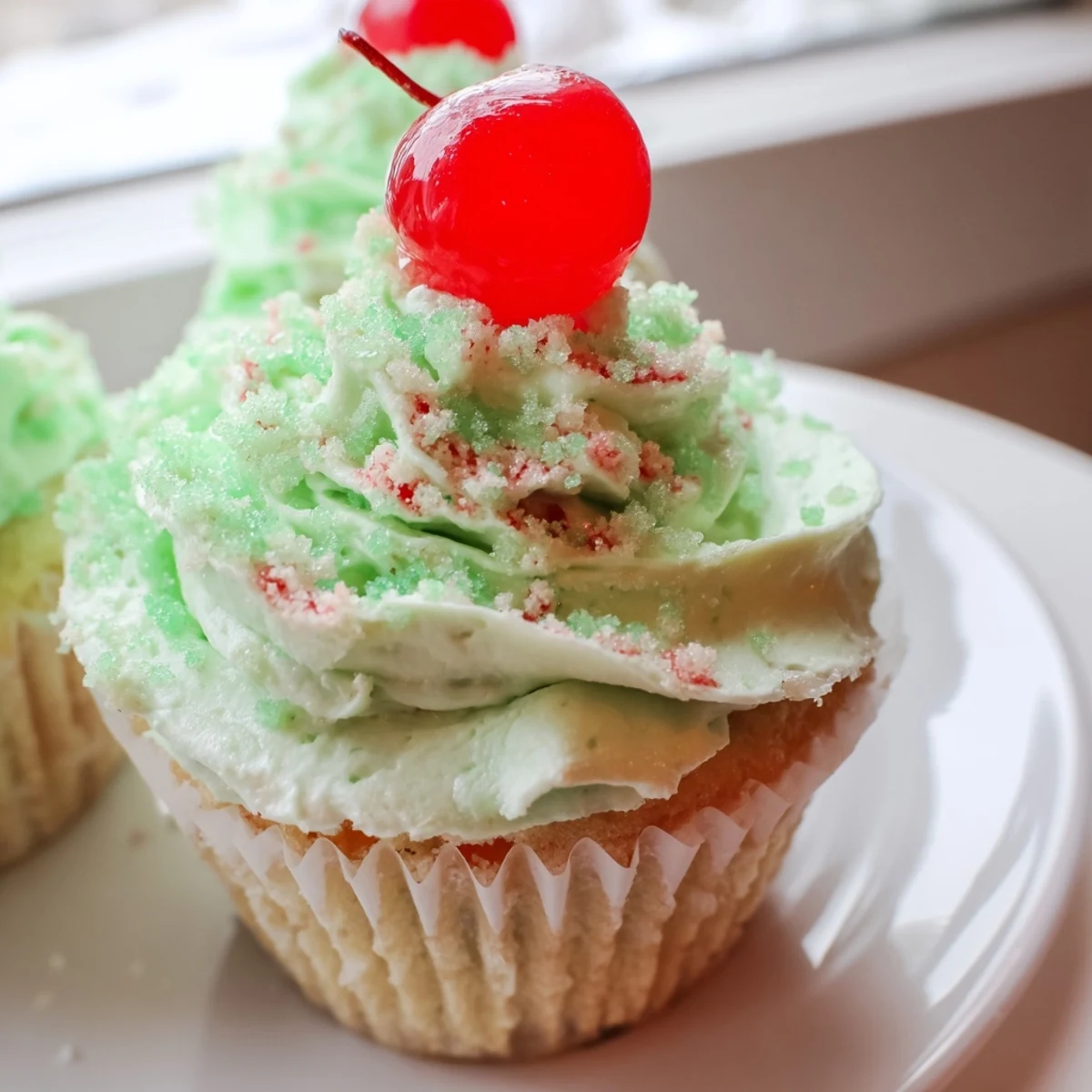 Baked Shamrock Shake Cupcakes dusted with green sprinkles and served on a white plate.