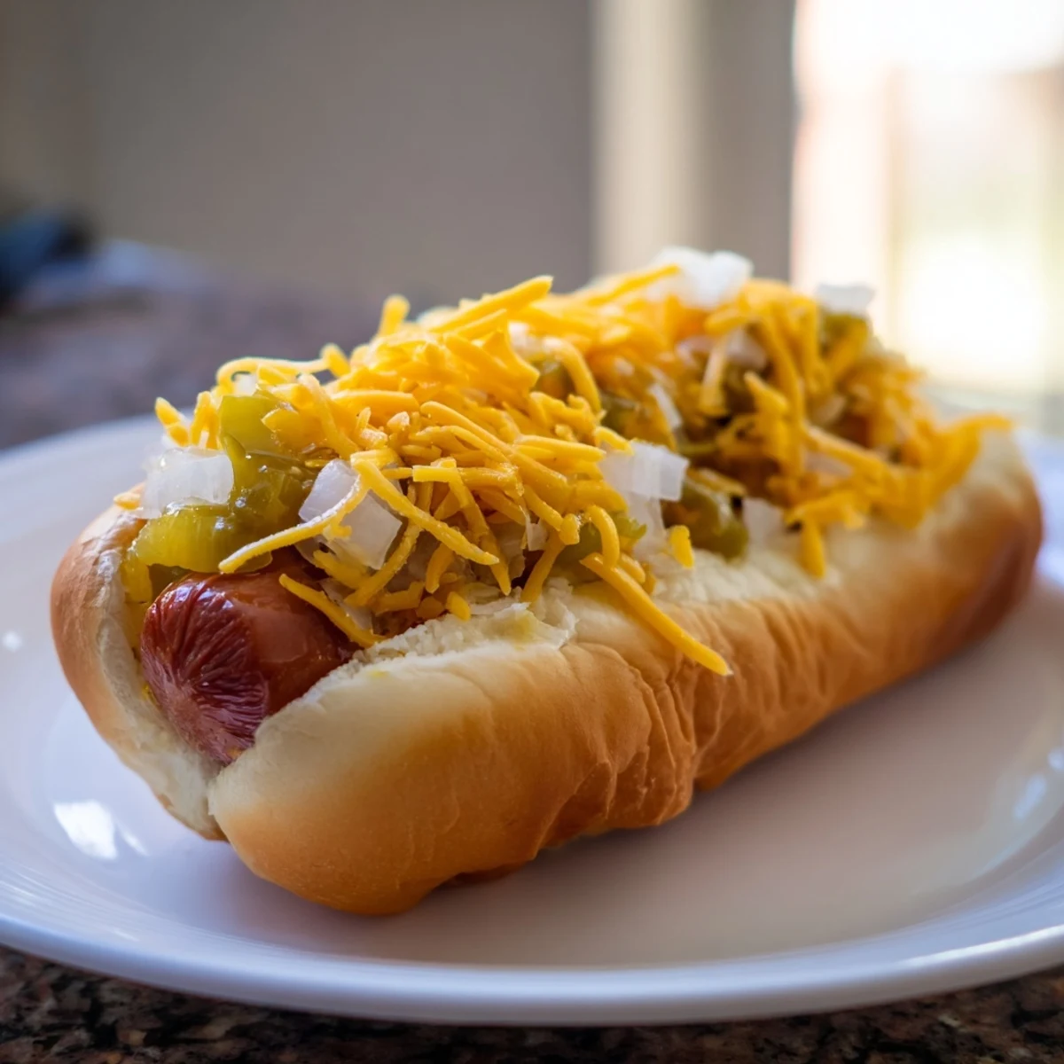 Smoky beef franks with melty cheddar and crisp fried onions on a toasted bun at a backyard bar.