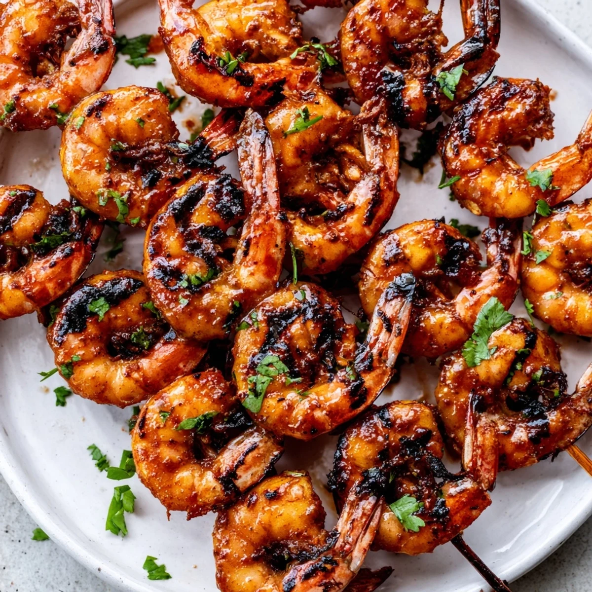 Gegrillte Spiedergarnelen, mariniert in Gewürzen und auf einem Holzspieß für einen saftigen, aromatischen Hauptgang serviert.