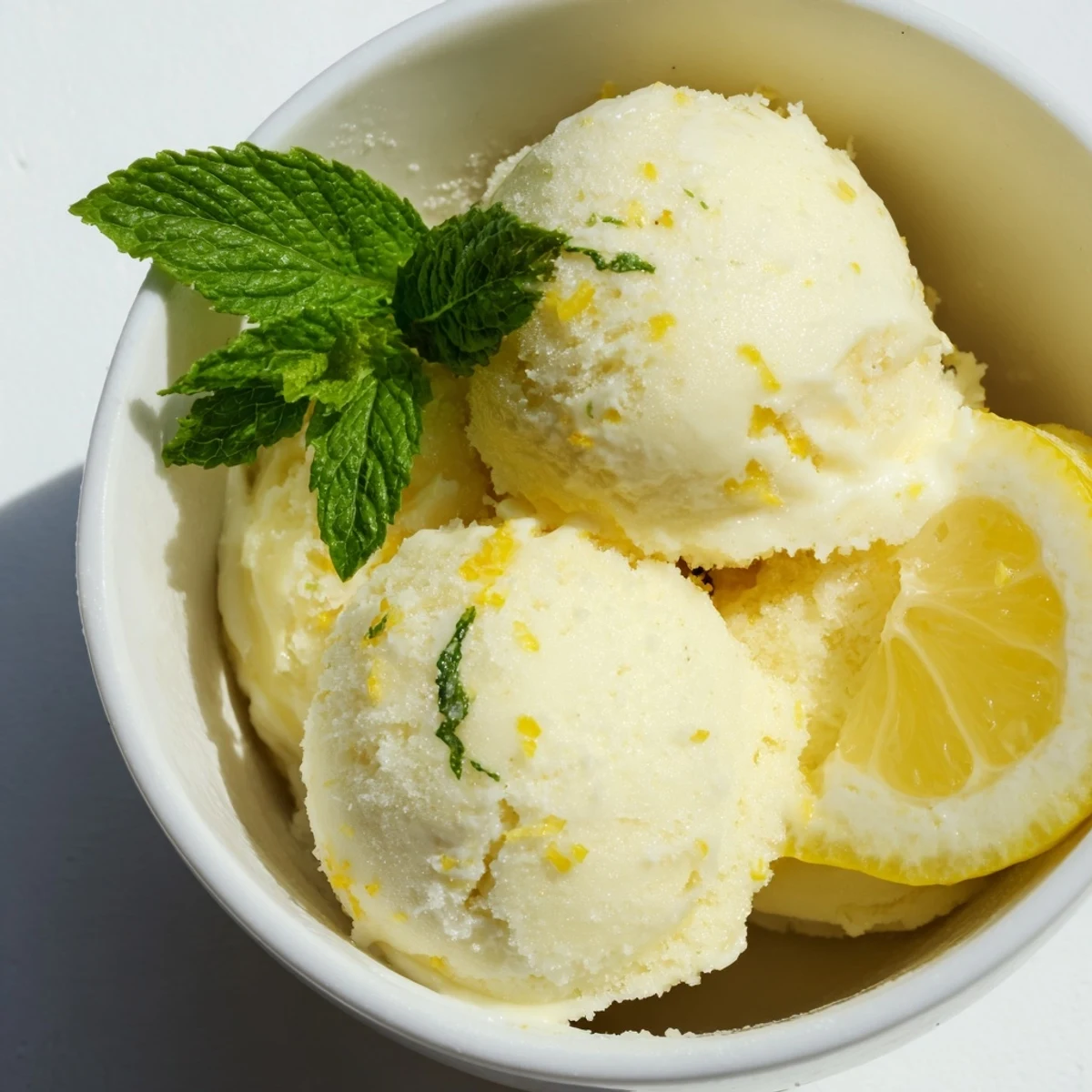 Makelloses Lemonade Sorbet mit Minze glänzt auf einem kühlen Teller, perfekt für heiße Tage.