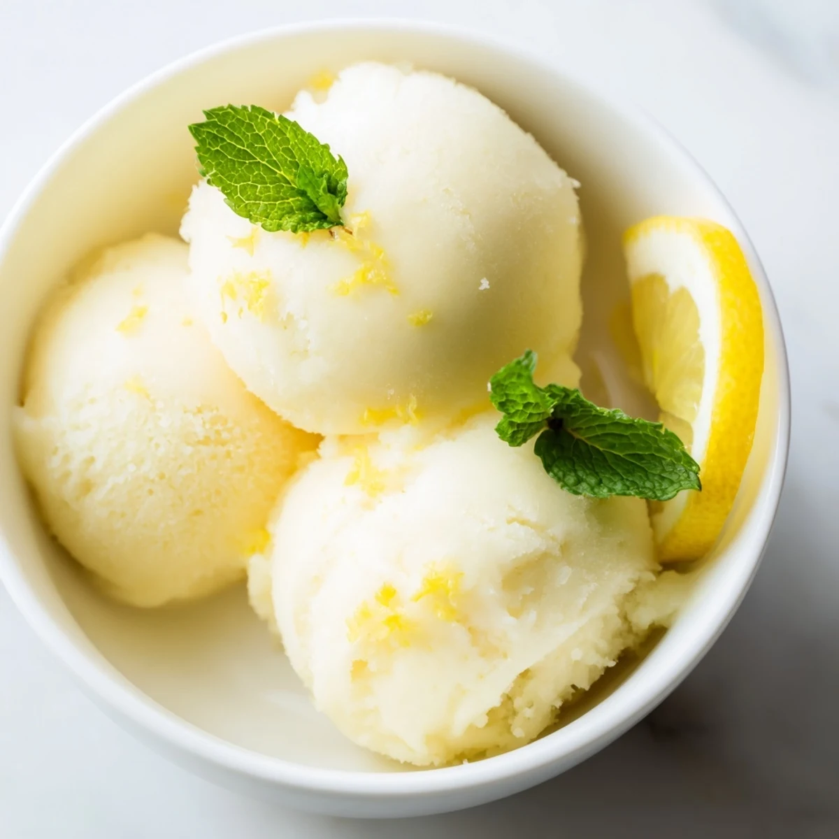 Lecker gerührtes Lemonade Sorbet mit Minze liegt neben saftigen Zitronenscheiben und frischen Minzblättern.