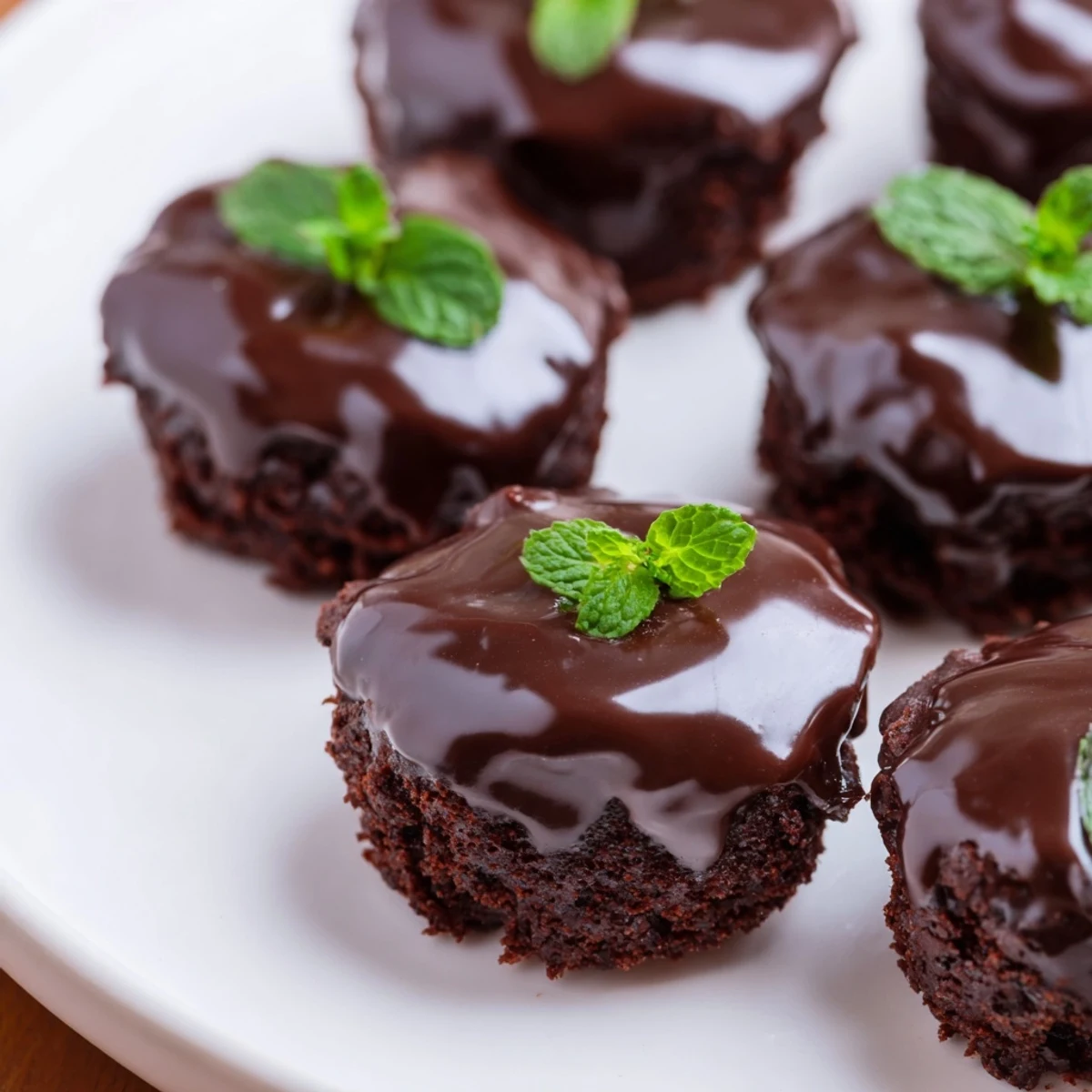 Decadent Mint Brownie Bites fudgy squares topped with silky chocolate ganache and a leaf garnish.
