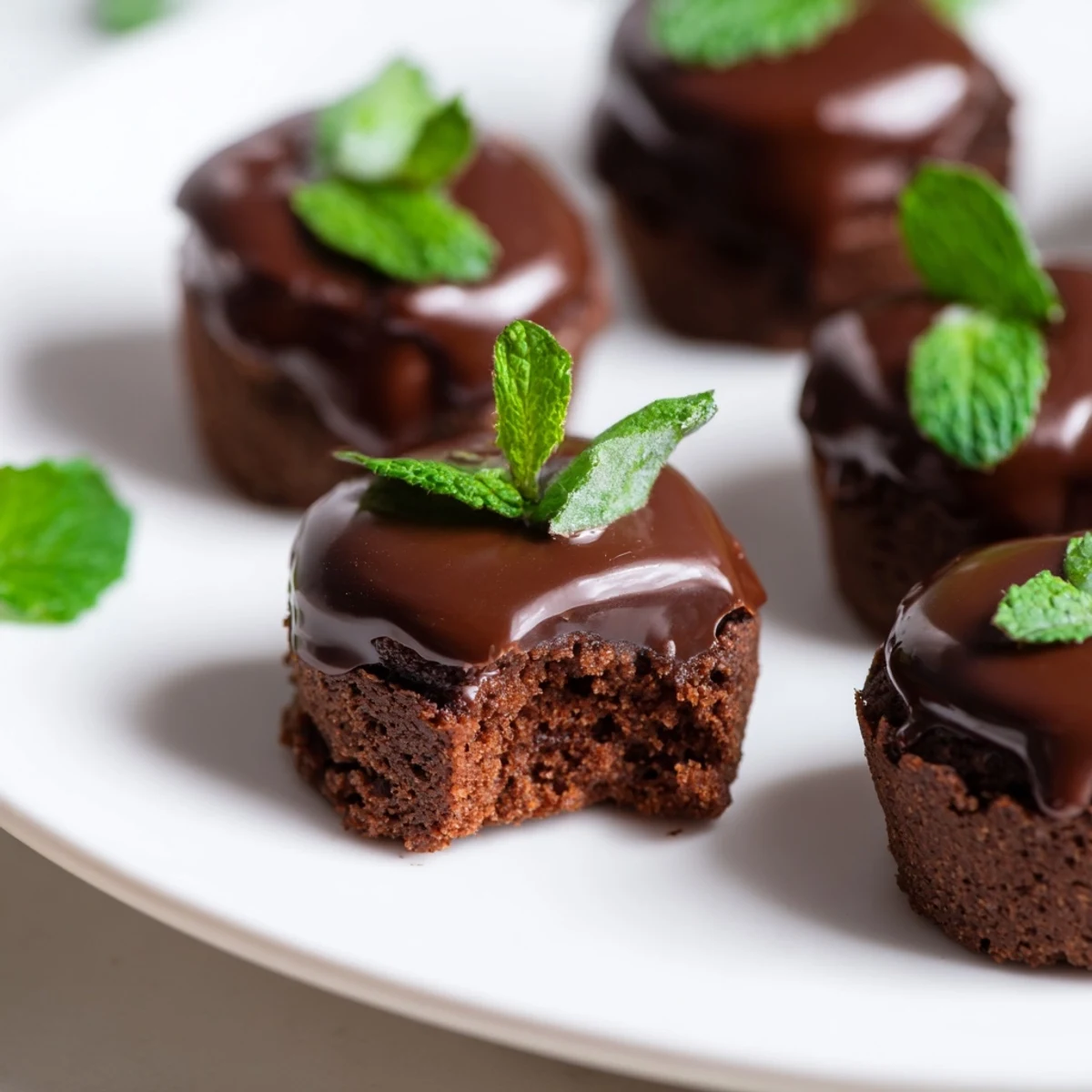Glossy Mint Brownie Bites drizzled with rich ganache and fresh mint on a cooling rack.
