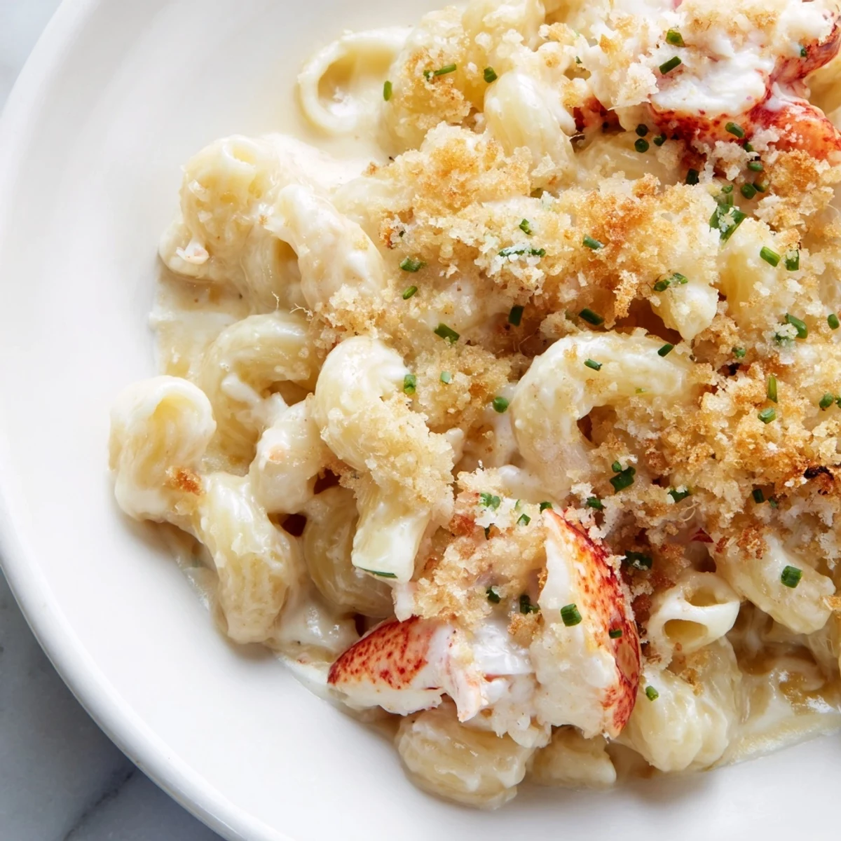 Frisch gebackene Lobster Mac and Cheese mit duftendem Trüffelöl, goldbrauner Panade und saftigem Hummerfleisch in der Schüssel.