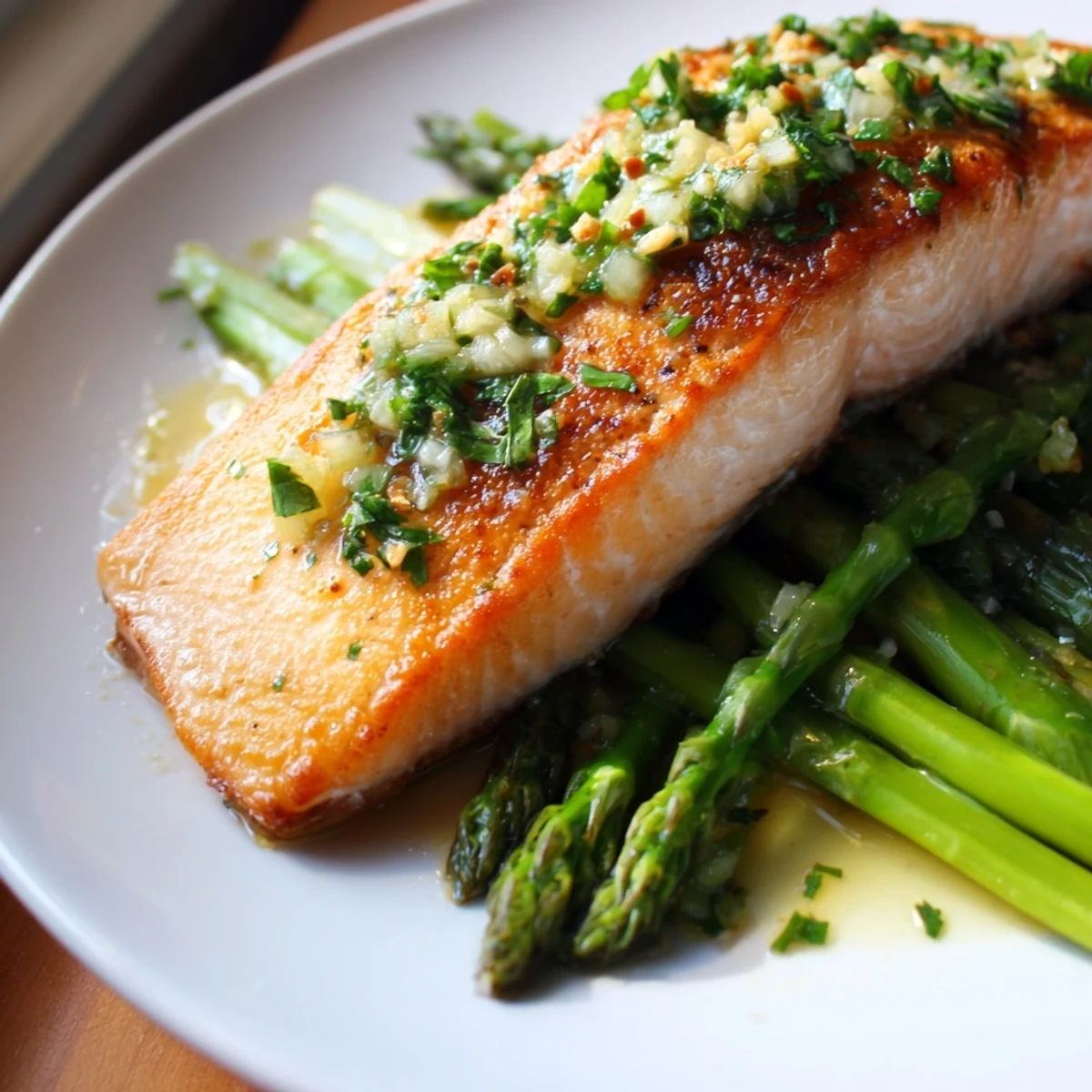 Zartes Lachsfilet mit knuspriger Oberseite neben saftigem Spargel, garniert mit frisch gehacktem Petersilie und Zitronenscheiben.