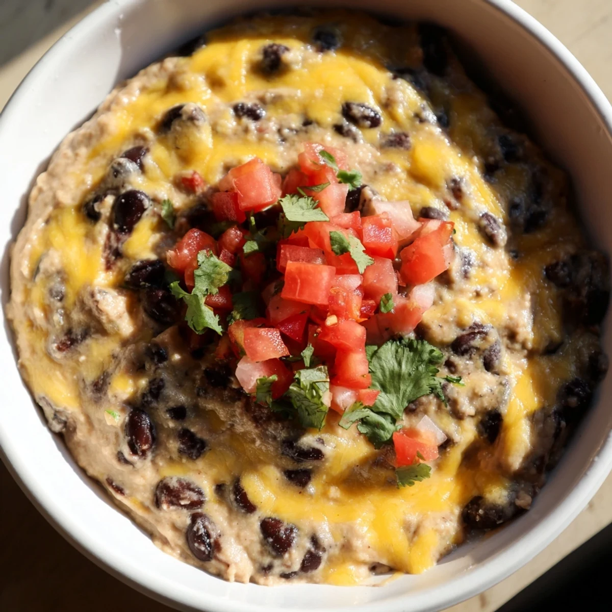 Eine Schüssel hausgemachter Bean Dip mit geschmolzenem Cheddar steht bereit, ideal zu Tortilla Chips und Gemüsesticks.