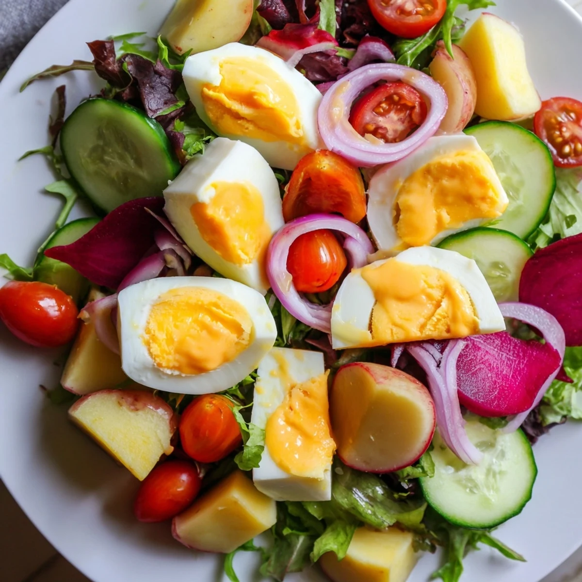 Ein großer Teller mit Irish Pub Salad mit Hard Boiled Eggs, garniert mit cremigen Eiervierteln, bunten Tomaten und würzigem Cheddar.