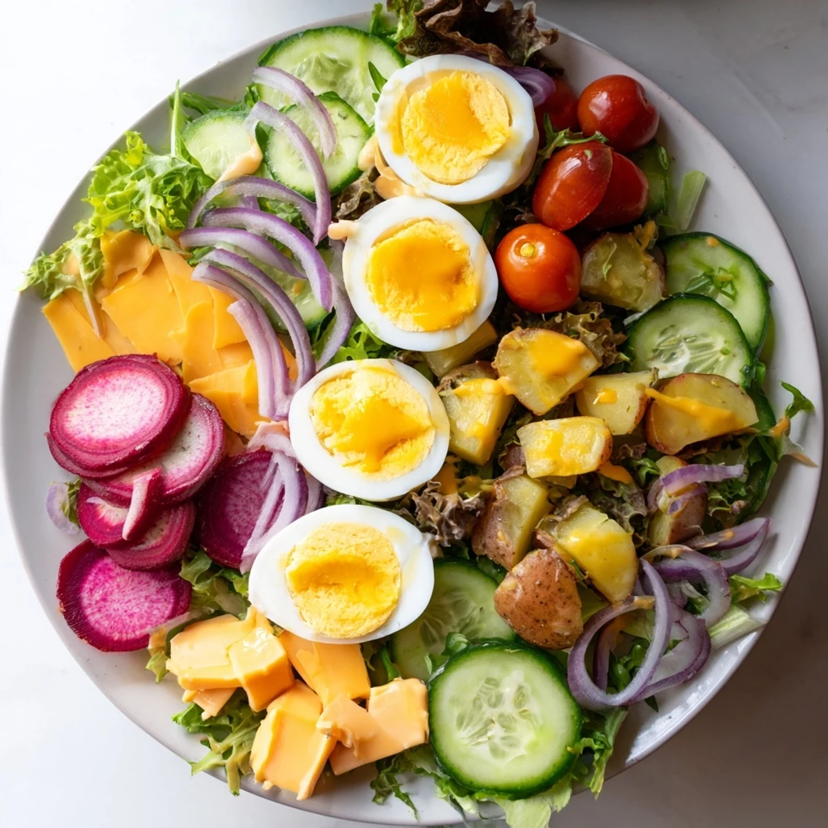 Die Irish Pub Salad mit Hard Boiled Eggs liegt auf einem rustikalen Teller, umrahmt von frischen Kräutern und einem goldenen Dressing.