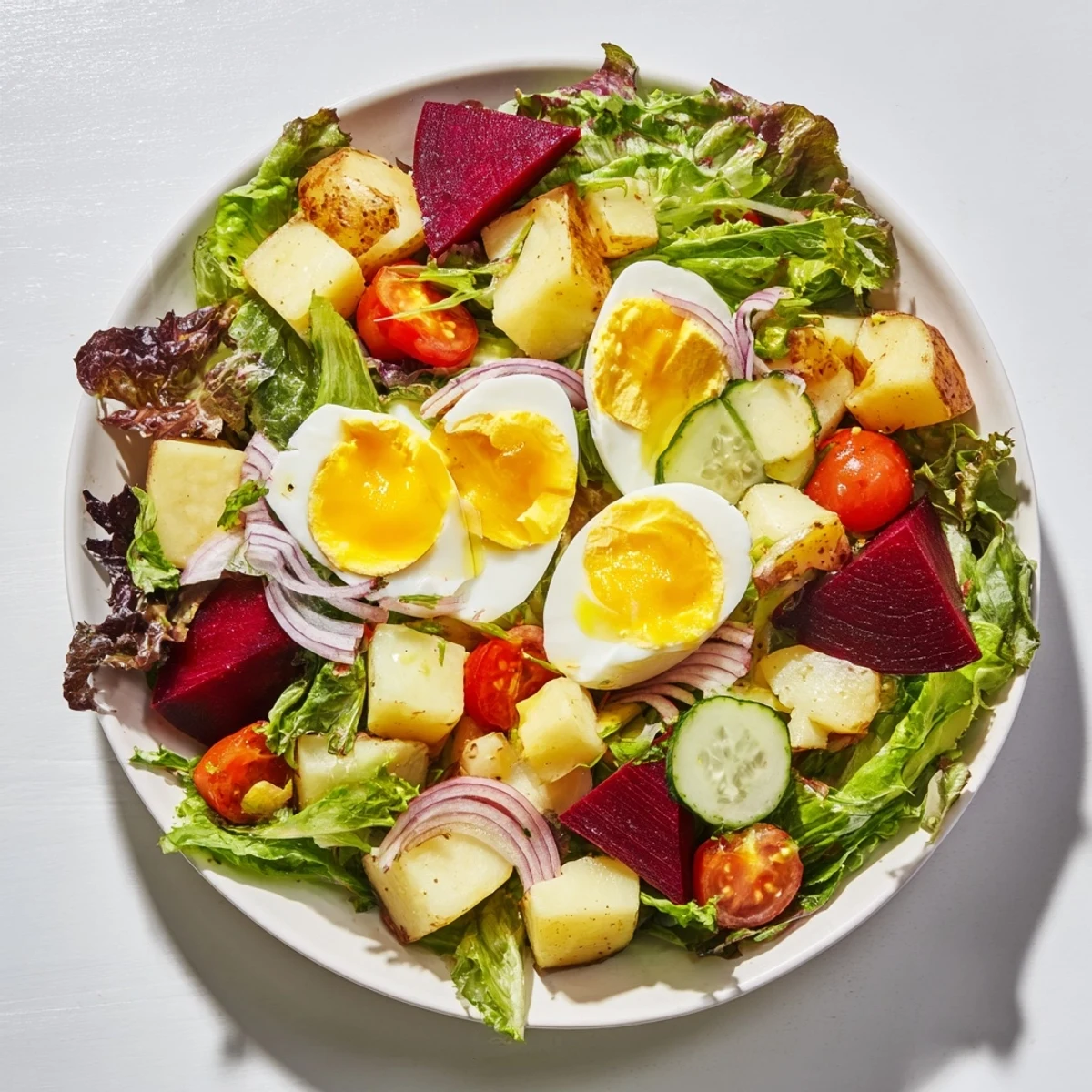 Der Irish Pub Salad mit Hard Boiled Eggs zeigt knackige grüne Blätter, cremige Eier und rote Rettichscheiben auf dem Tellerrand.