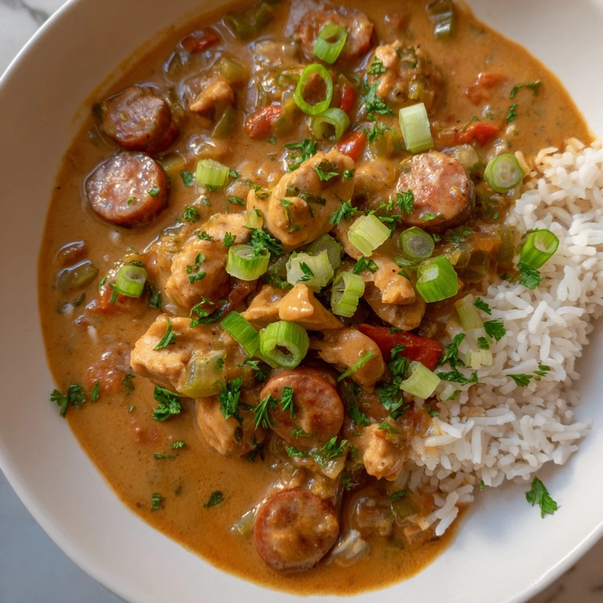 Hearty Gumbo with Turkey Sausage and Chicken, served steaming over white rice and garnished with fresh parsley.