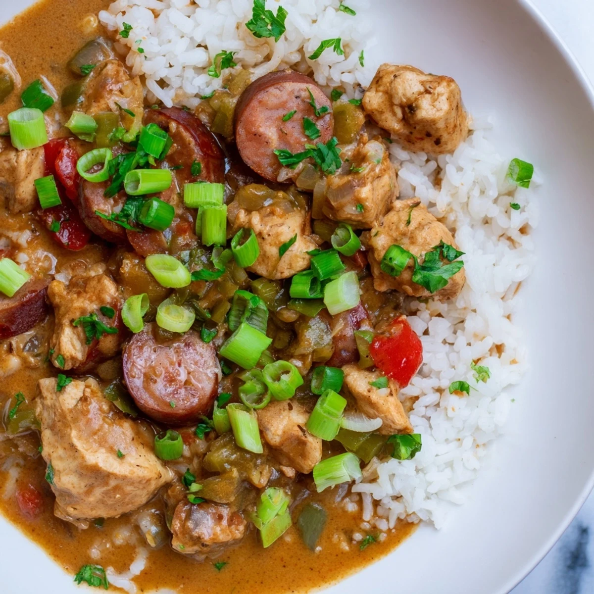 A bowl of rustic Gumbo with Turkey Sausage and Chicken, featuring tender meat pieces and a rich, aromatic broth.