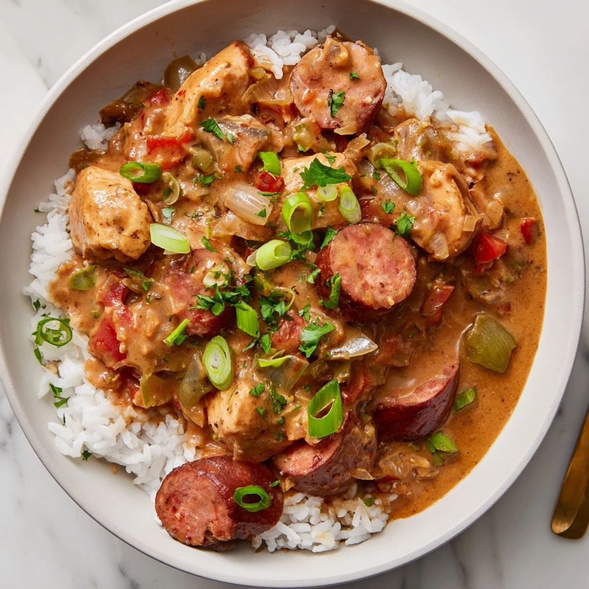 Close-up of Gumbo with Turkey Sausage and Chicken, highlighting smoky sausage rounds and vibrant vegetables in a dark roux stew.