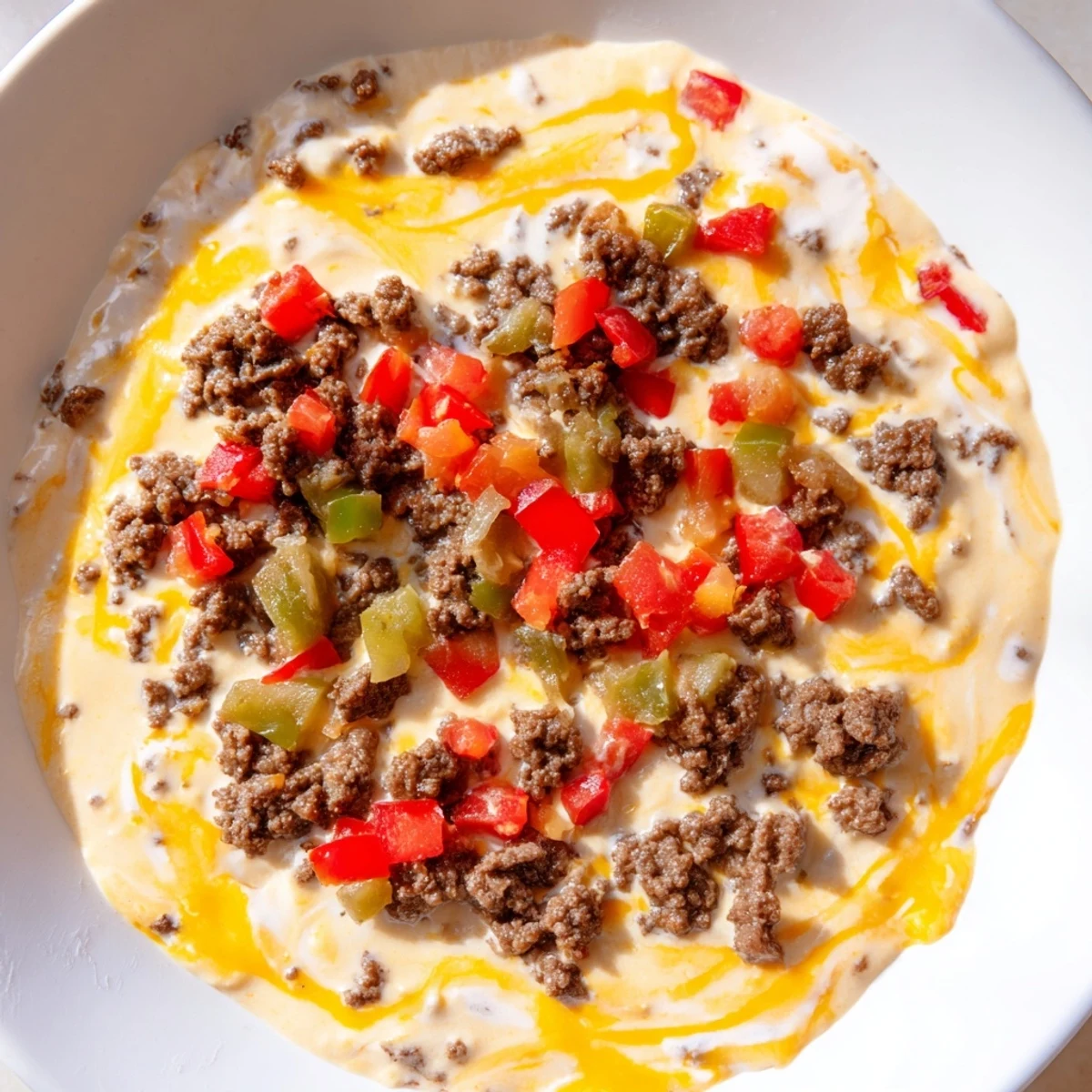 Geschmolzener Käse, braunes Hackfleisch und bunte Paprika im Queso Dip, serviert mit Tortilla-Chips auf einer Party.  