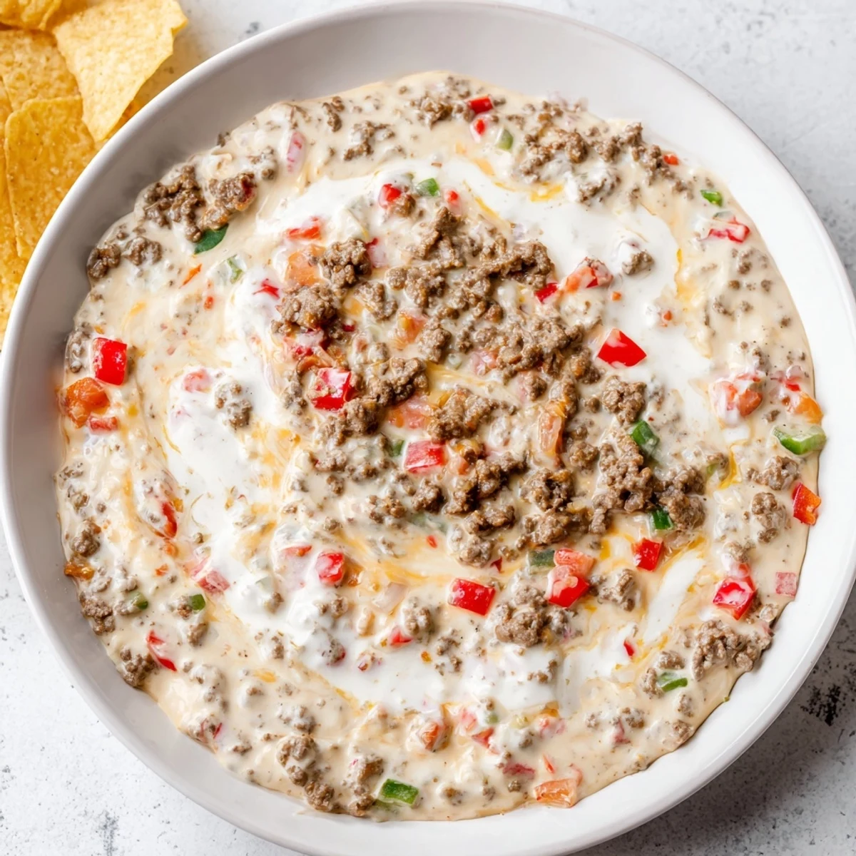 Der dampfende Queso Dip mit Hackfleisch und Paprika auf einem Teller, umrahmt von frischen Jalapeños und Koriander.  