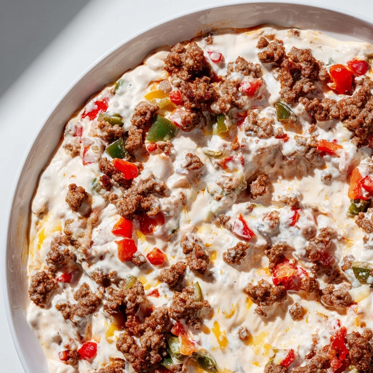 Ein geöffneter Topf mit cremigem Queso Dip, Hackfleisch und farbenfrohen Paprikastreifen, bereit zum Servieren.