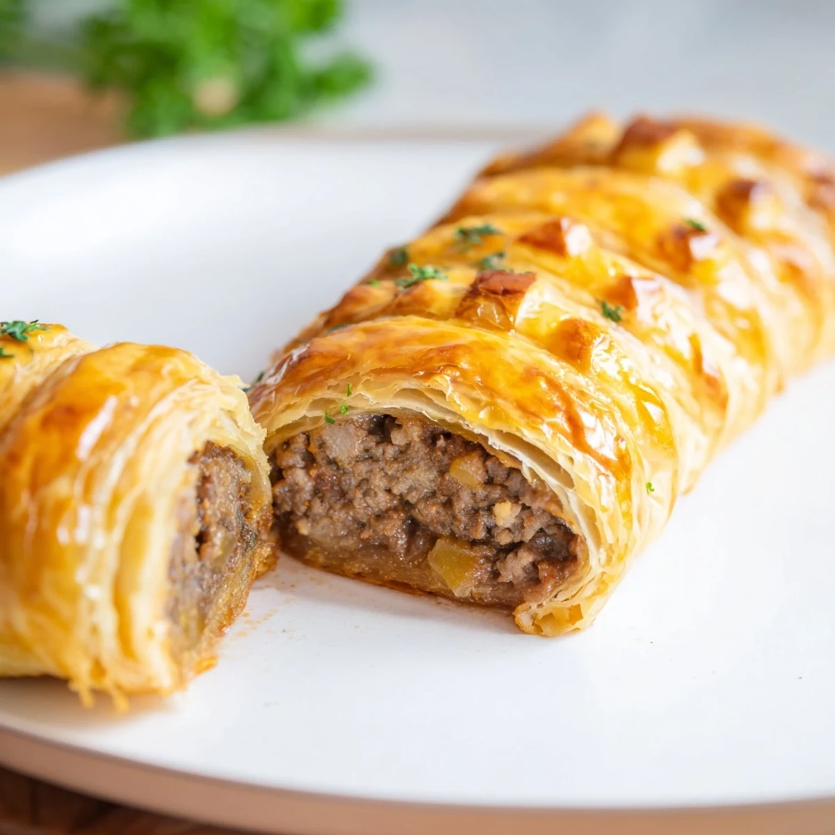 Flaky golden Sausage Rolls with Puff Pastry and Beef, served warm with tangy mustard for dipping