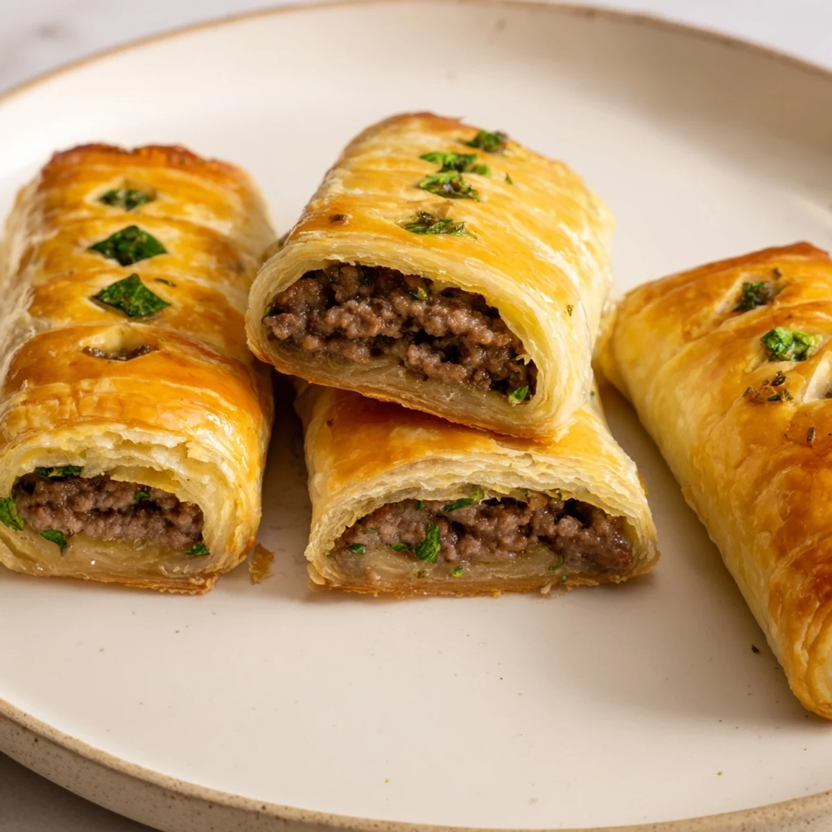 Freshly baked Sausage Rolls with Puff Pastry and Beef on a rustic platter, perfect for parties and picnics