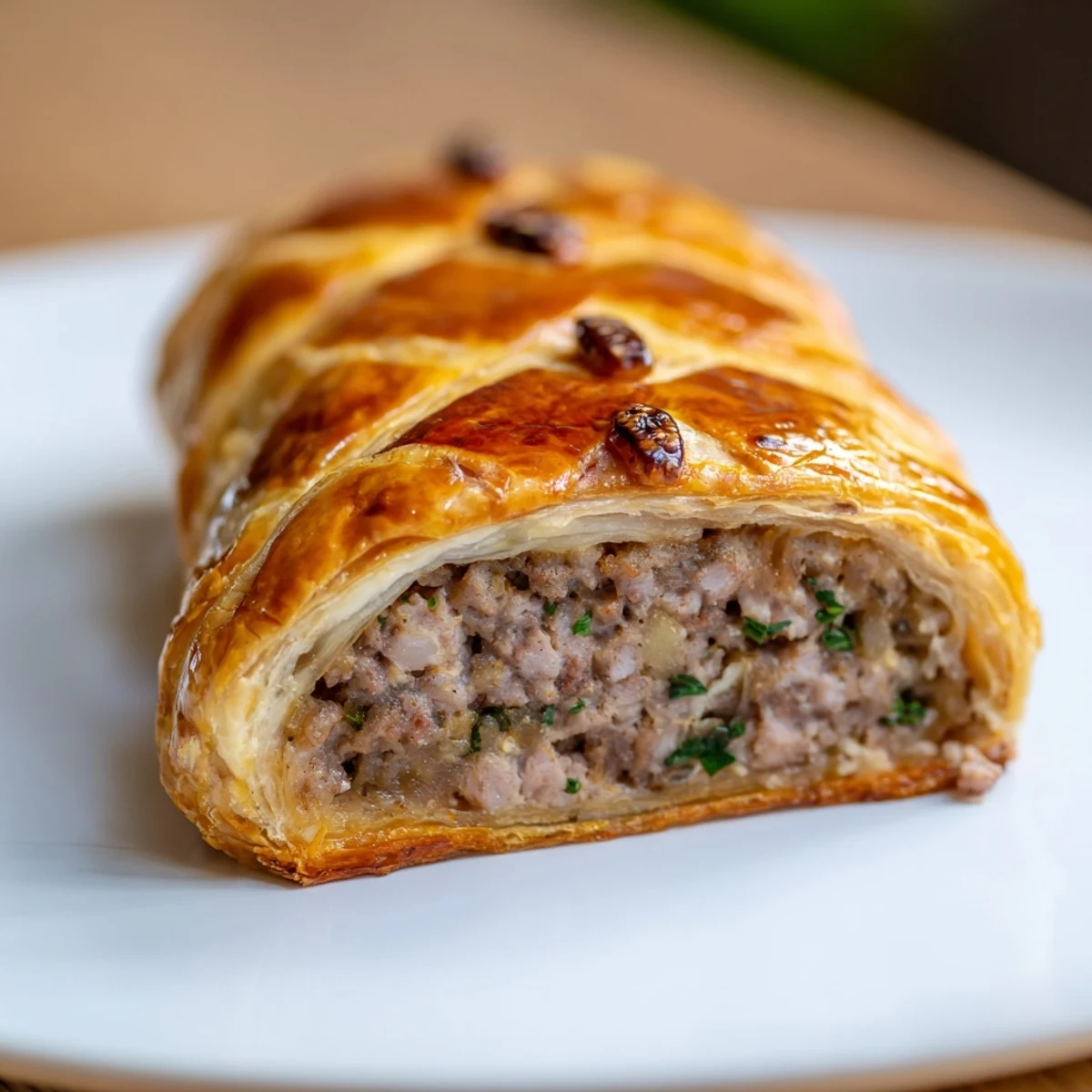 Golden Sausage Rolls with Puff Pastry and Beef, cut to reveal savory beef filling on a marble board