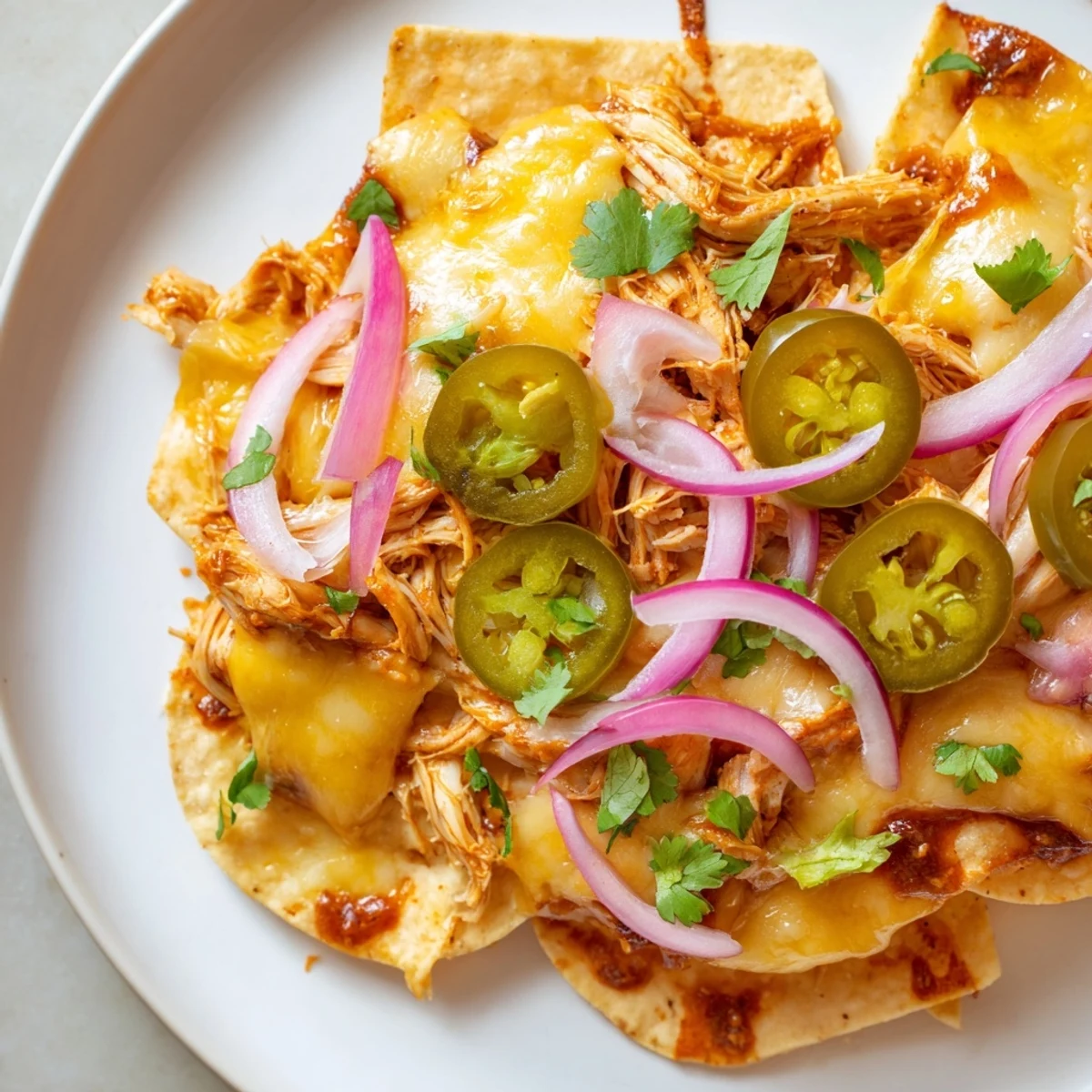 Fresh tomato and cilantro garnish these hot Pulled Chicken Nachos served with lime wedges and sour cream.