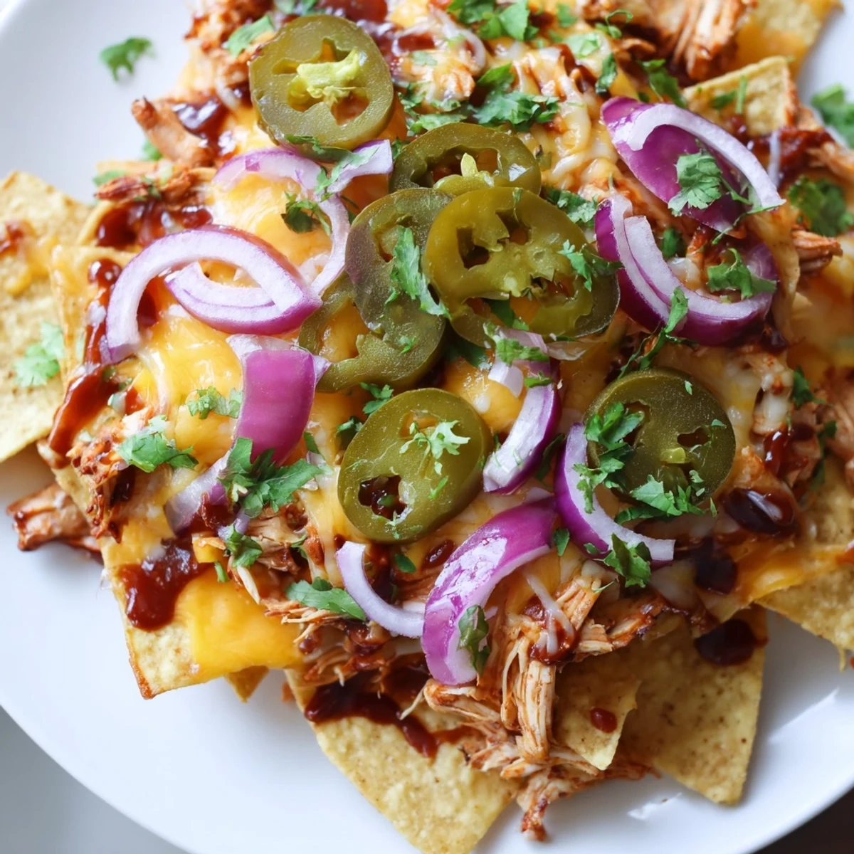 Crispy baked nachos piled with smoky pulled chicken, melted cheese, and spicy jalapeños for game day.