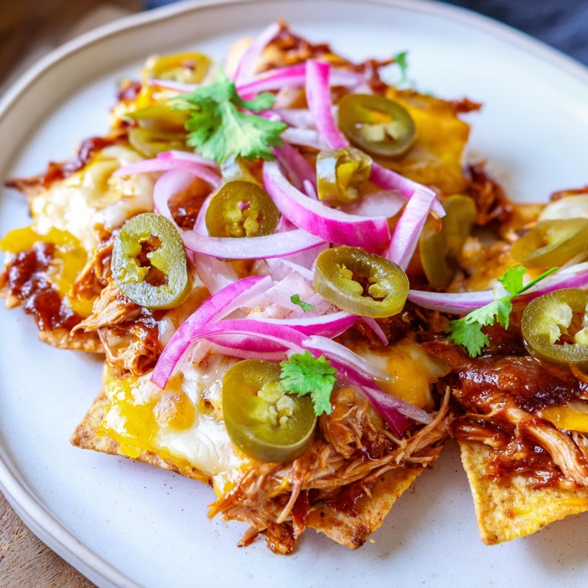 Loaded platter of golden tortilla chips topped with juicy pulled chicken, pickled jalapeños, and melty cheese.