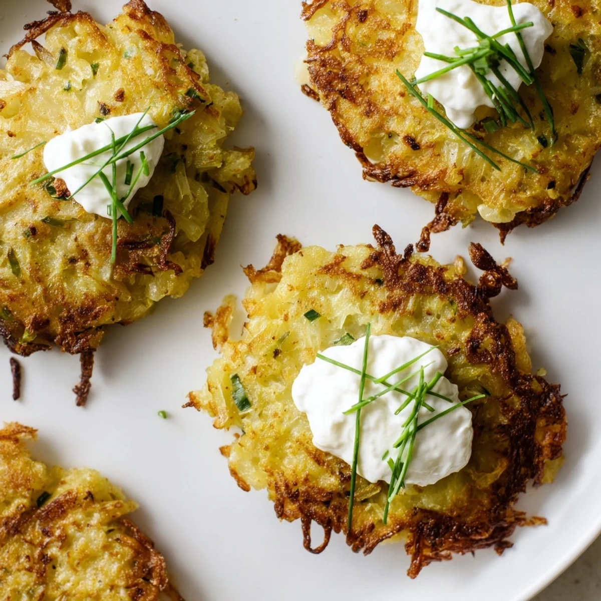 Goldene Potato Cakes mit frischen Scallions und einem Klecks saurer Sahne auf dem Teller.